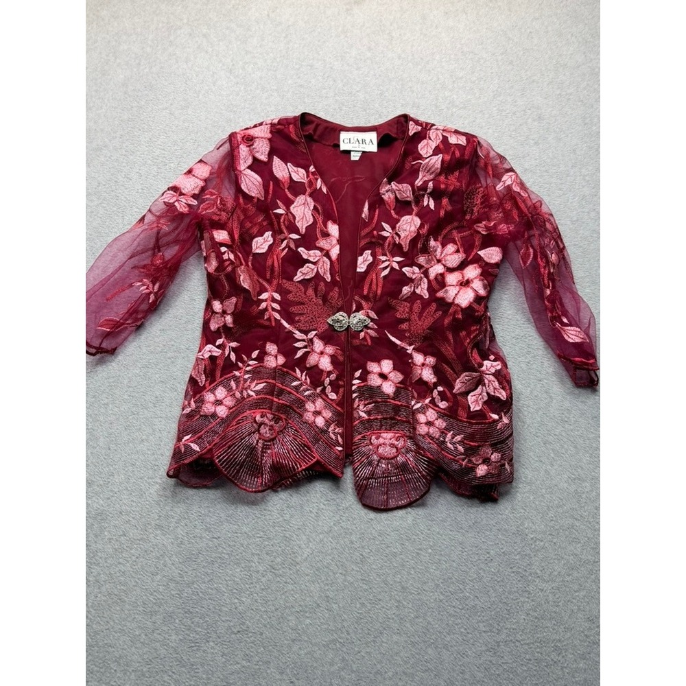 Clara Womens XL Burgundy Floral Embroidered Mesh Scalloped Hem Jacket USA Made